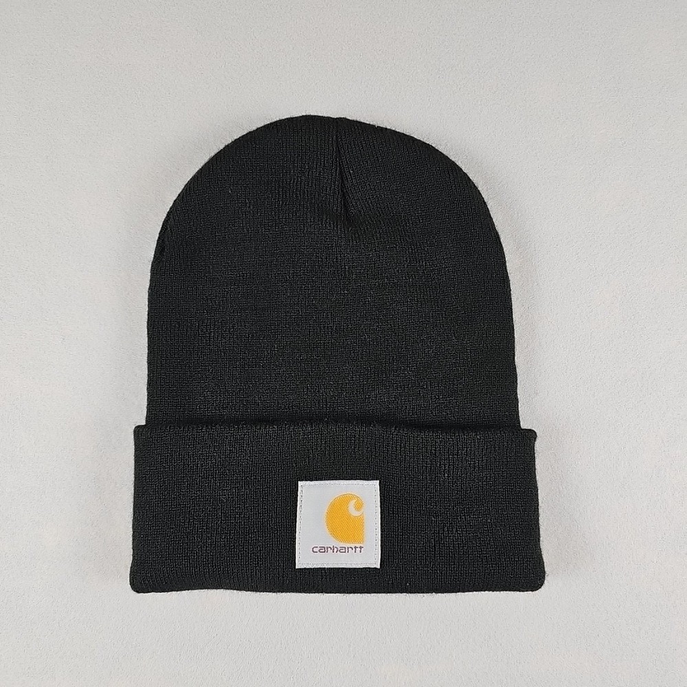 Carhartt Beanie Mens Black Knit Cuff Skull Cap Plain Logo Workwear